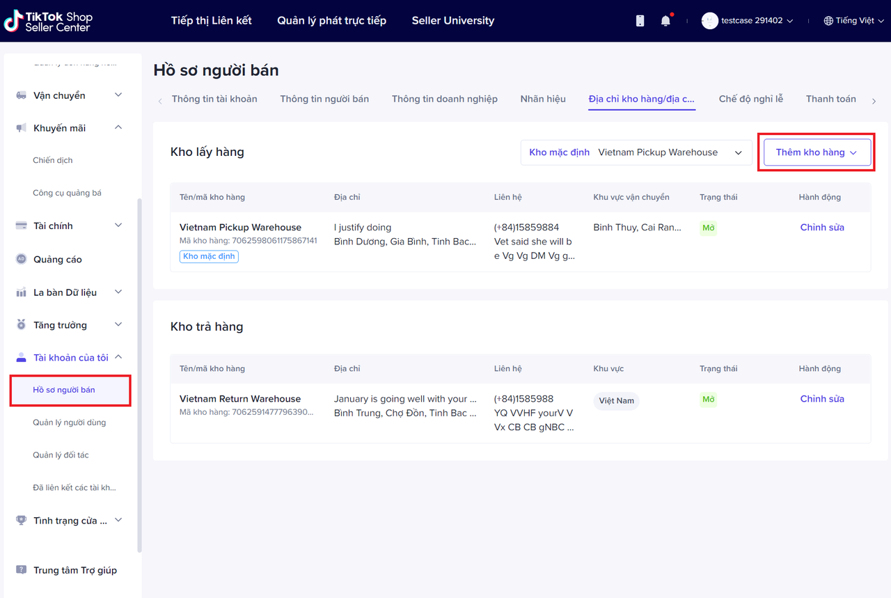 Giao diện thiết lập kho hàng sau khi đăng kí MWH